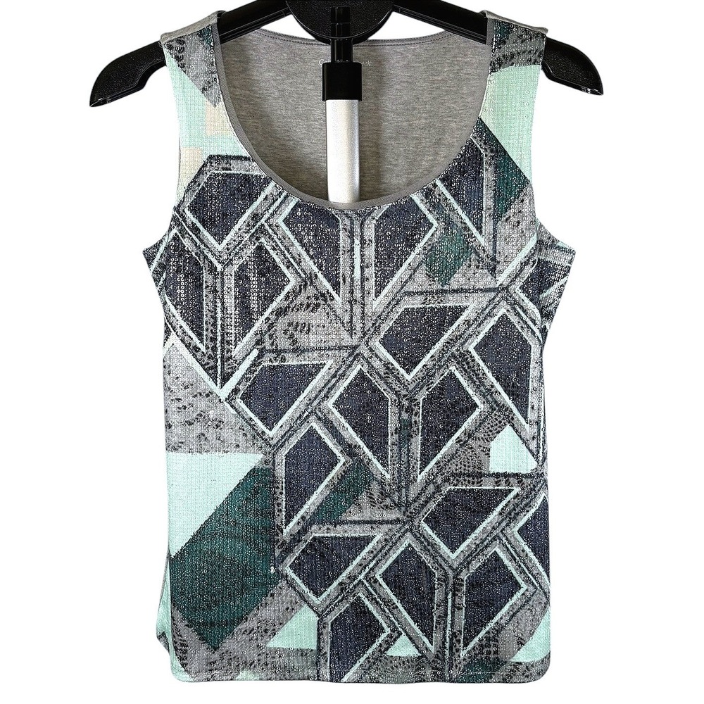 Coldwater Creek Womens XS 4-6 Geometric Metallic Mixed Media Tank Top Grey Mint‎